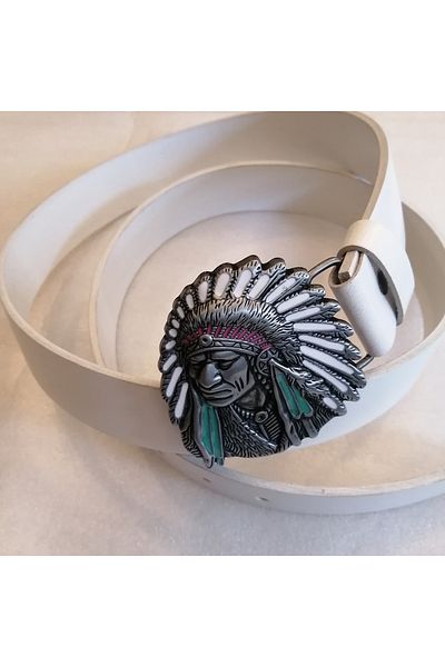 Butik Tülin Unisex Authentic Genuine Cowhide Leather White Silver Colored Enamel Indian Chief Cowboy Buckle Belt