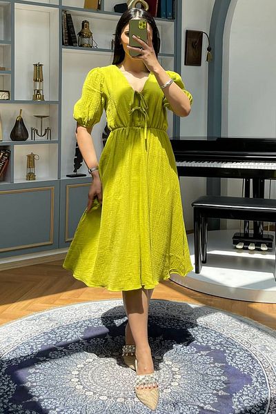 Neşeli Butik Women Green Muslin Fabric Summer Dress Nbmy3753
