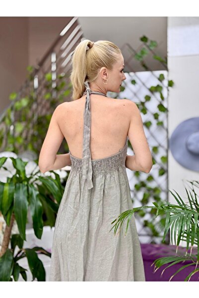Punta Otantik Nc14968 Italian Neck Tie Backless Linen Dress Mink