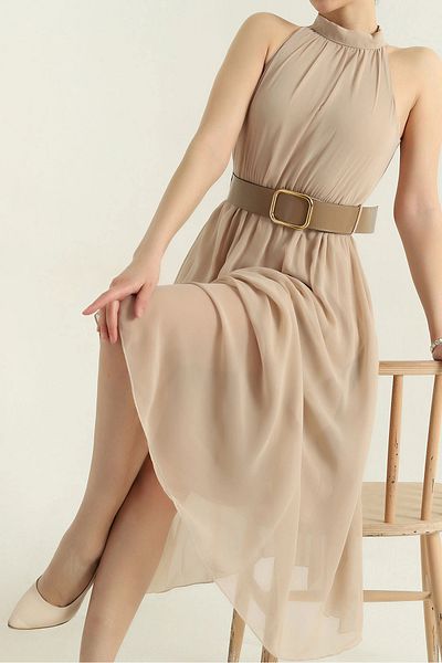 Neşeli Butik γυναικείο φόρεμα σιφόν με λαιμόκοψη NBMY3734