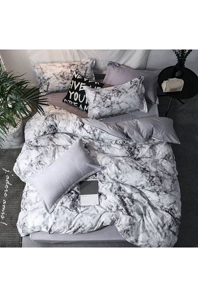 LUNA HOME Single size 4 pieces Bedding Set without filler, Marble Design Grey Color