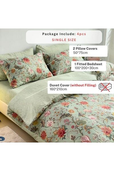 LUNA HOME Single Size 4 Pieces, Reversible Style Duvet Cover Set, Roses Design with Dark Khaki Color.