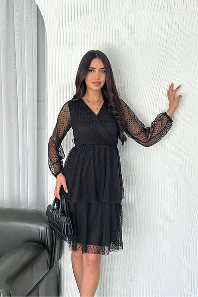Neşeli Butik Women Black Polka Dot Foldover Tulle Dress Nbk054