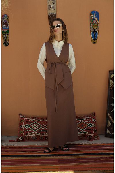Fatma Atasoy Tie-Up Linen Brown Vest Skirt Suit