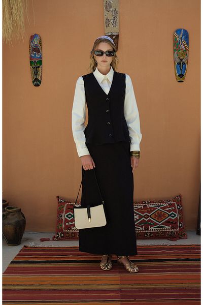 Fatma Atasoy Peplum Linen Black Vest Skirt Suit