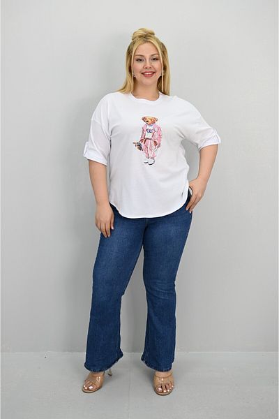 Koza Butik Women's Plus Size Short Sleeve Stone Detailed Bear Printed Oversize T-Shirt 1926-25