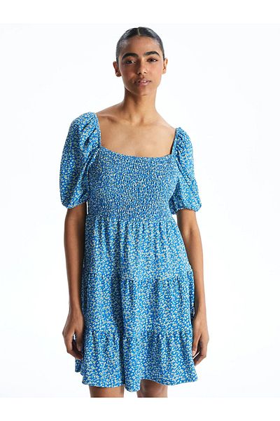 LC Waikiki Xside Blue Boat Neck Floral Women's Dress