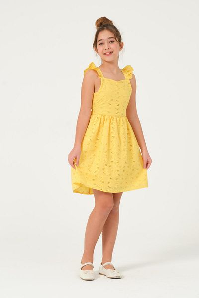 SUBU TASARIM Girls' Lace Ruffle Strap Dress Yellow Tbskvc1028