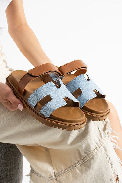 Moda Devrin Tan Blue Denim Look Velcro Anatomical Comfortable Sole Women's Slippers