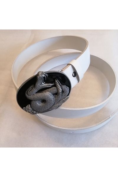 Butik Tülin Unisex Authentic Genuine Cowhide Leather White Silver Black Enamel Cobra Snake Cowboy Buckle Belt