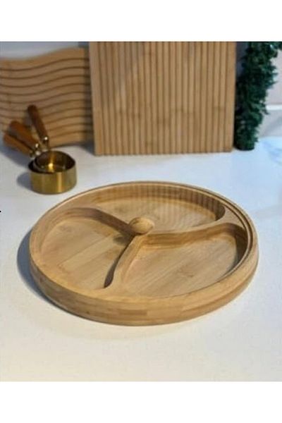 Eşya Dünyası 3 Compartment Bamboo Round Presentation Plate Snack Plate with Lid