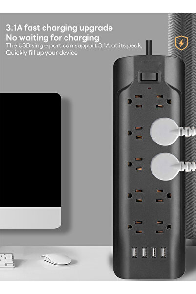 sharpdo مقبس طاقة قياسي بريطاني للأسلاك المنزلية والمكتبية، مقبس ذو 8 فتحات مع 4 منافذ USB