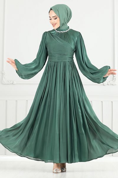 ModaMerve Βραδινό φόρεμα Hijab με πέτρες στο γιακά 6180EMO919-M Emerald