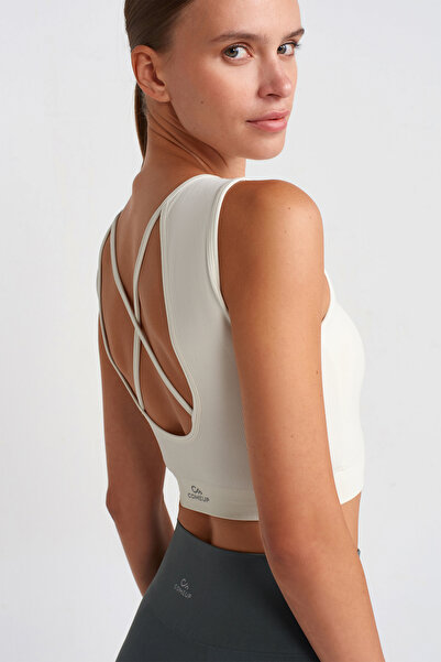 COMEUP Crop top με ριμπ υφή και μαξιλαράκια στο στήθος, σταυρωτό στην πλάτη, σε χρώμα ιβουάρ λευκό