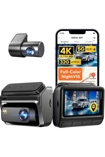 DDPAI كاميرا لوحة القيادة 4K للسيارات الأمامية والخلفية، 2160P + 1080P، كامير...