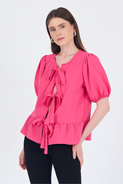 Rays بلوزة بأكمام بالونية وتفاصيل ربط باللون الفوشيا 4334A