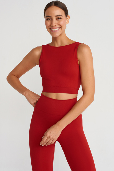 COMEUP Rib Textured Back Cross Crop Top with Chest Pad Red