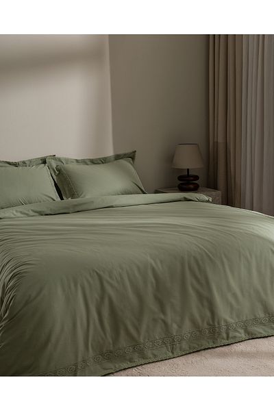 Madame Coco Kaviera Double 100% Cotton Embroidered Duvet Cover Set - Khaki