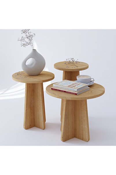 Store Mantar 3 Lü Zigon Sehpa Ahşap Desenli - Safir Meşe