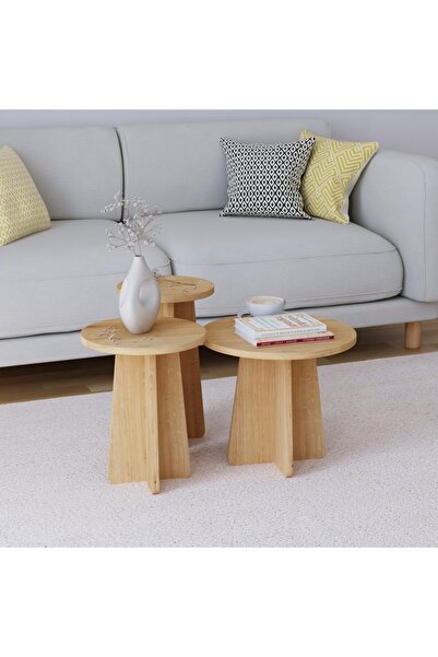 Store Mantar 3 Lü Zigon Sehpa Ahşap Desenli - Safir Meşe