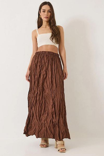TENA Women's Brown Elastic Waist Long Satin Skirt with Ruffles at the Hem