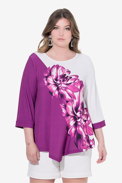 Şans Women's Plus Size Purple, Crew Neck, Asymmetrical Cut, Floral Print Blouse 65N38992