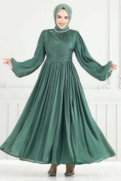 ModaMerve Βραδινό φόρεμα Hijab με πέτρες στο γιακά 6180EMO919-M Emerald