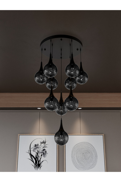 avizade GALAXY Modern 10'lu Sarkıt Siyah Metal Avize - Füme Renk Cam, E27 Duy...