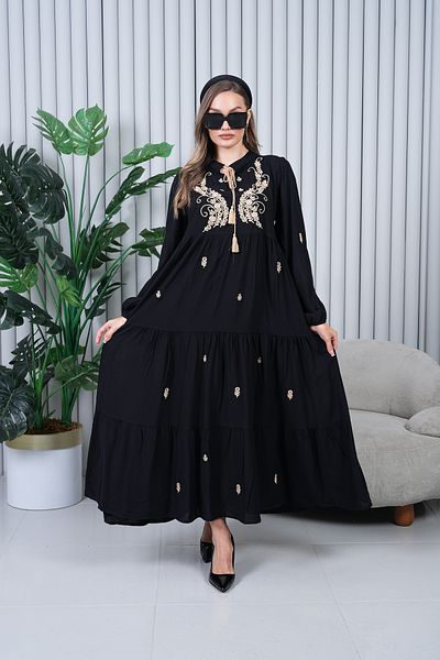 EL jadida Women's Embroidered Tassel Plus Size Hijab Dress Black