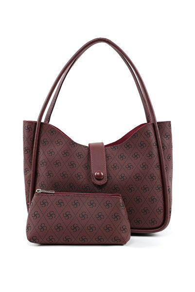 SHAKA Чанта за грим с монограм, отпечатан в бордо, с кожени копчета и закопча...