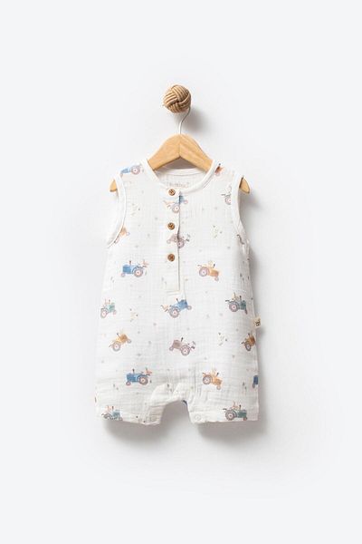 Bubbles 100% Cotton Muslin Tractor Printed Jumpsuit