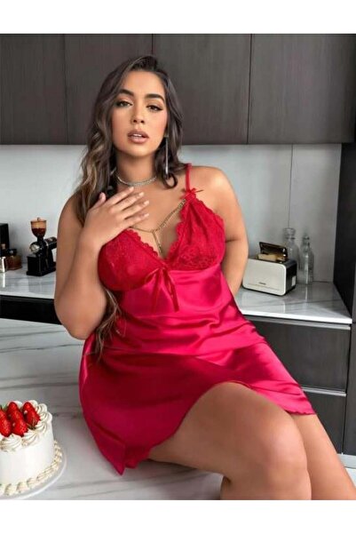 Findit Büyük Beden Kırmızı Dantel İşlemeli Saten Gecelik