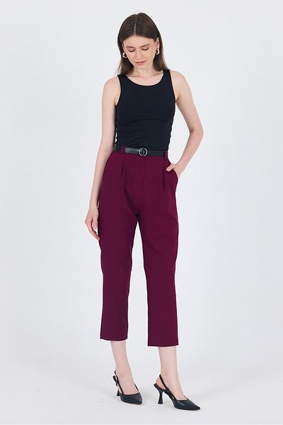 Rays Burgundy High Waist Belted Carrot Cut Trousers 6418A