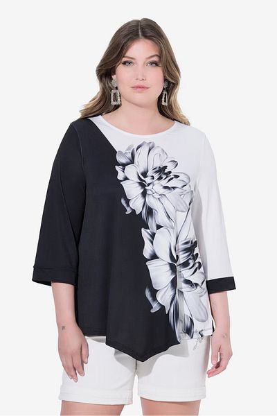Şans Women's Plus Size Black, Crew Neck, Asymmetrical Cut, Floral Print Blouse 65N38992