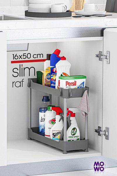 Mowo Home Slim Grey 2 Tier Organizer Μπάνιο Mutak Rack, Ντουλάπα κάτω από τον πάγκο κάτω από το νεροχύτη Θήκη απορρυπαντικού