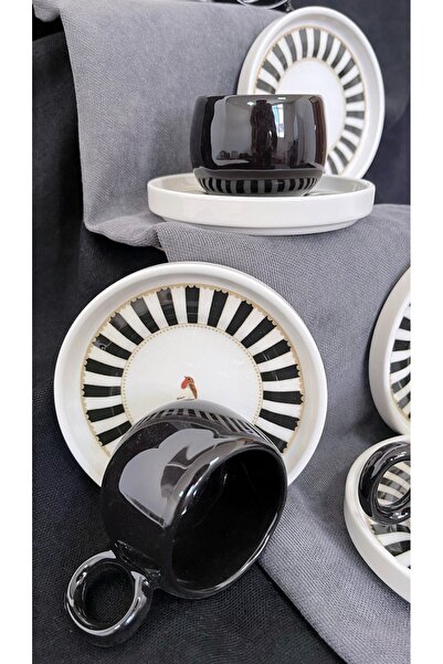 Erbaşlar Love Bırd Siyah Seri Tombul 12 Parça Lüx Seramik Tombul Kahve Fincan Takımı Türk Kahvesi Fincanı