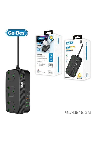Go-Des Power Strip with USB Port 3-Way Socket 3 USB 2PD Port Socket Power Socket with 3M