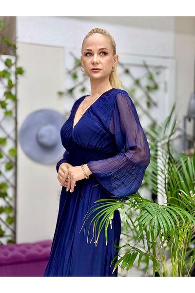 Punta Otantik Nc5087 Italian Elastic Waist Silk Dress Navy Blue