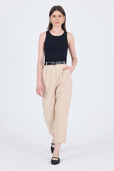Rays Beige High Waist Belted Carrot Cut Trousers 6418A
