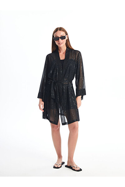 LC Waikiki Black Shawl Collar Patterned Long Sleeve Women's Kimono