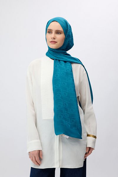 Qef Silk Jacquard Monogram Shawl Petrol Blue