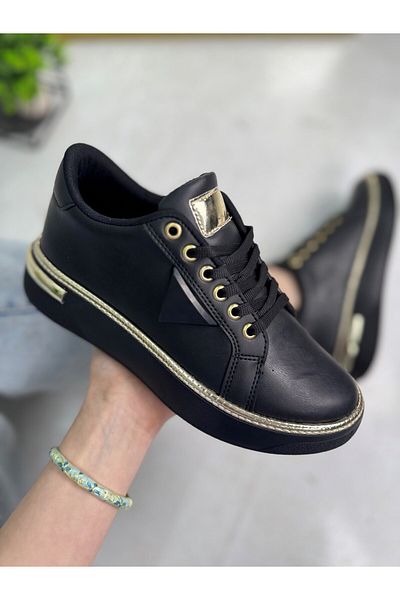 Nstil Pantofi sport negri pentru femei de zi cu zi Model Ppada Pantofi cu talpă ortopedică groasă cu șireturi cu detalii aurii 327