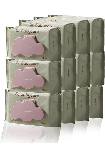 Bc Babycare Babycare Baby Wipes, Pack of 12 x 80 Pieces, Soft Cotton, Alcohol-Free