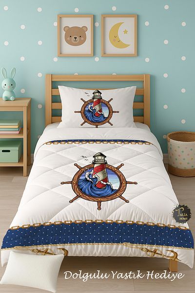 Talia Home Sailor Anchor Patterned Single Children's Quilt Sleeping Set Tlag-320
