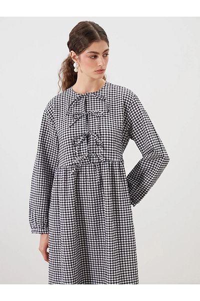 LC Waikiki Lcw Modest Black Tie Collar Plaid Dress