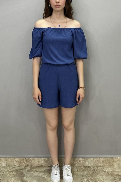 Tam Moda Women's Indigo Color Madonna Collar Short Sleeve Jumpsuit with Shorts