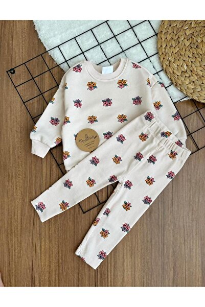 ArdenKids 12 Ay - 6 Yaş Bej Çiçek Desenli Takım