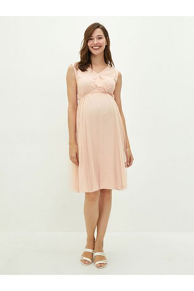 LC Waikiki Lcw Double Breasted Collar Plain Tulle Fabric Maternity Dress Fast Fashion