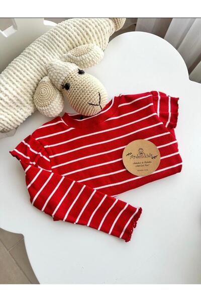 ArdenKids 2-7 Yaş Kırmızı Çizgili Fırfır Kol Bluz