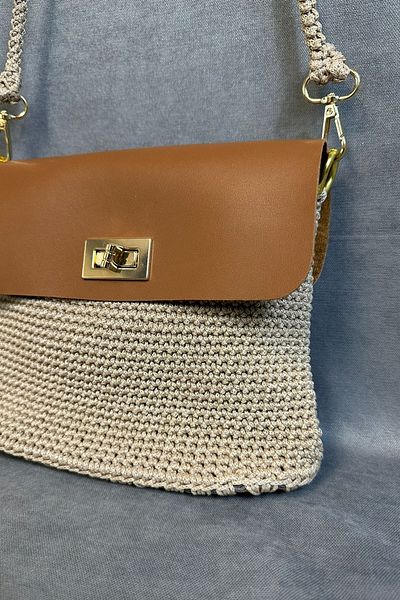 Uretti - Hülya 6683 5892 Hand Knitted Beige Macrame Rope and Tan Leather Cover Women's Shoulder Bag